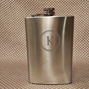 Vintage Stainless Steel Monogrammed Flask K Attached Screw Top Lid 8oz